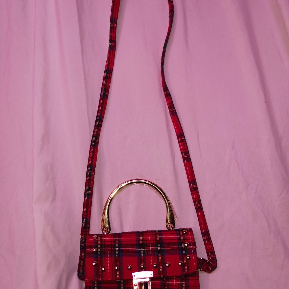 Plaid Red Handbag with Gold Handle